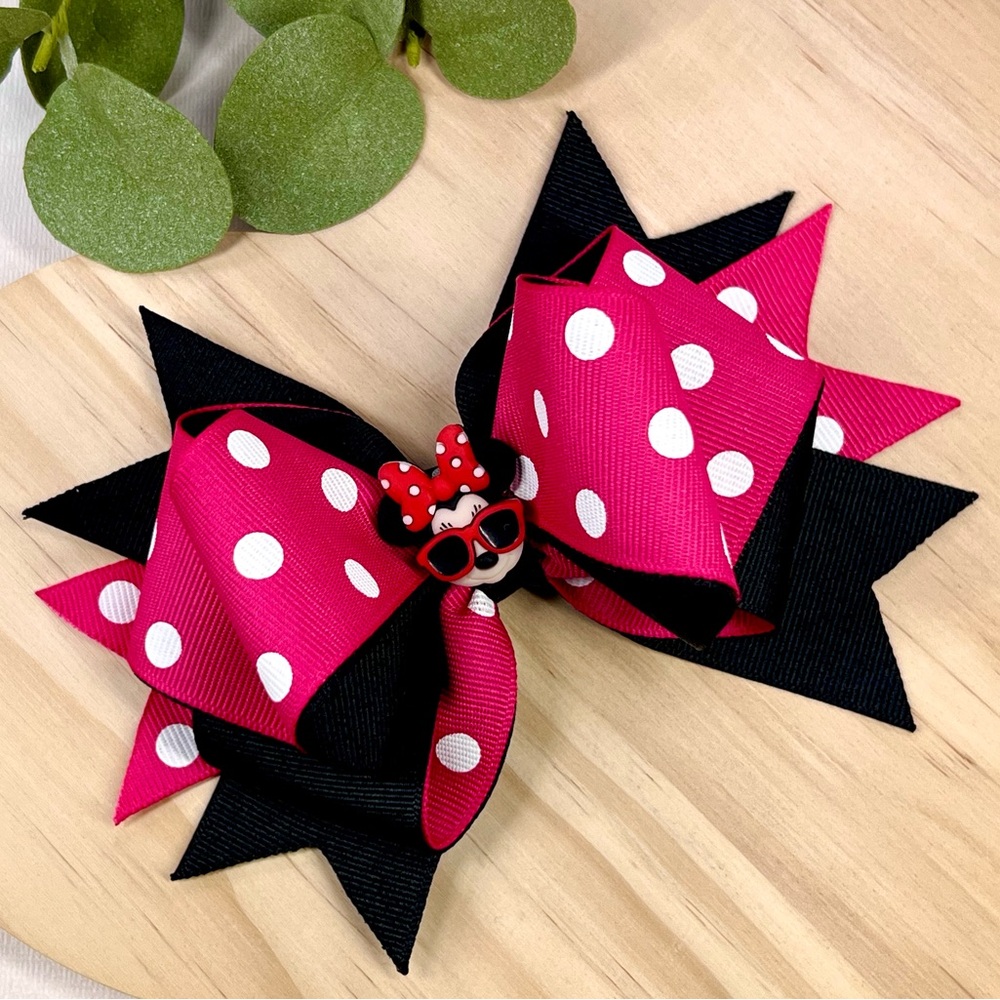 Polka Dot Pink and Black Hair Bow